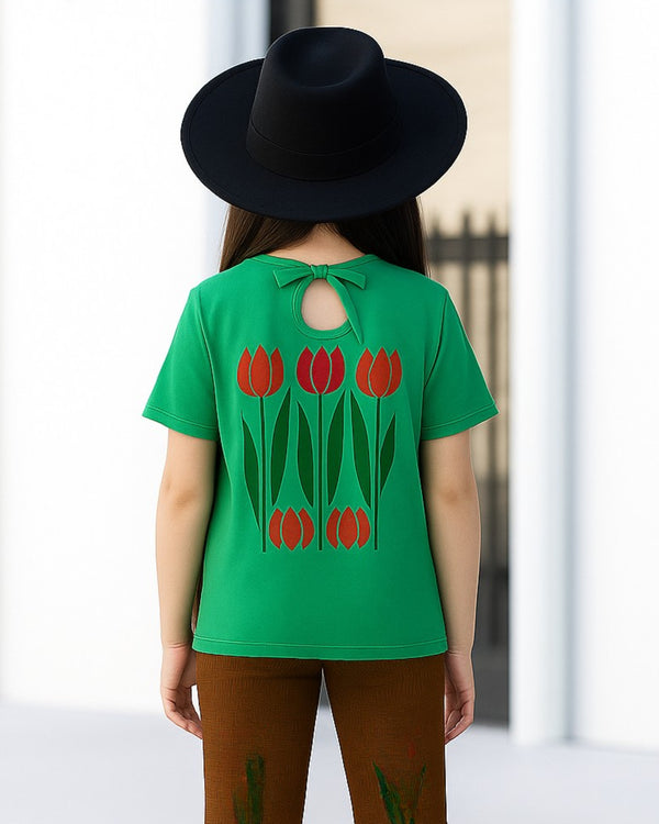 PPFL-0068 - Light Green Red Flower Printed Tee - Juniors