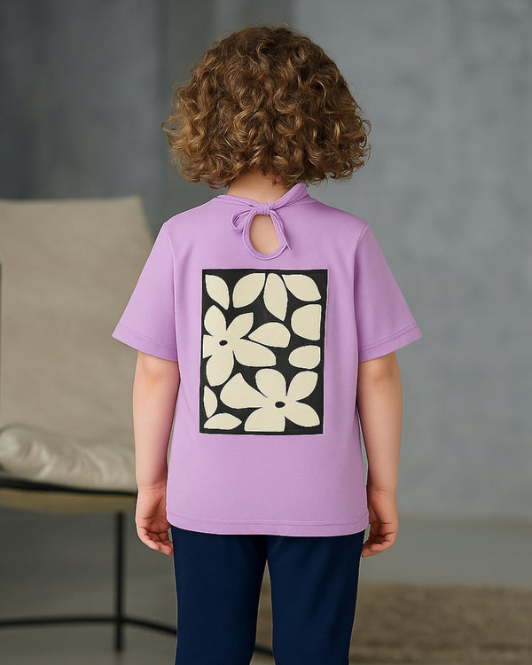PPFL-0071 - Purple Rose White Printed Tee - Juniors