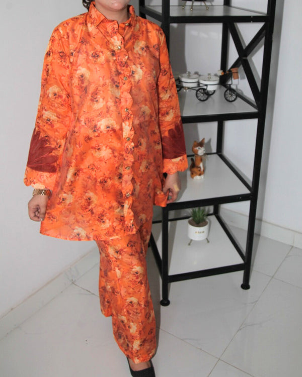 C-FC-0093 - Silk Lawn Rust Flower Co-ord Set